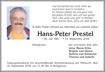 Traueranzeige von Hans-Peter Prestel von Allgäuer Zeitung,Kempten