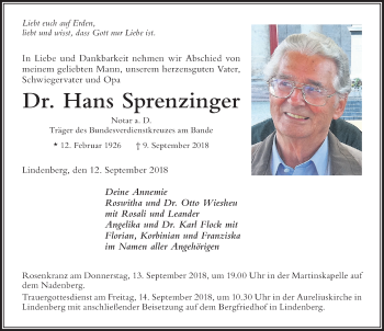 Traueranzeige von Hans Sprenzinger von Der Westallgäuer