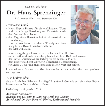 Traueranzeige von Hans Sprenzinger von Der Westallgäuer