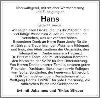Traueranzeige von Hans Stieber von Allgäuer Anzeigeblatt