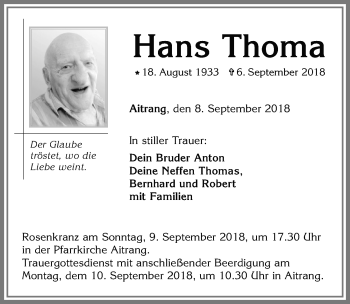 Traueranzeige von Hans Thoma von Allgäuer Zeitung, Marktoberdorf