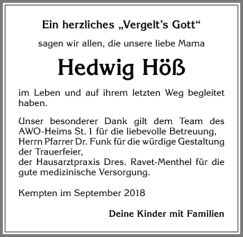 Traueranzeige von Hedwig Höß von Allgäuer Zeitung,Kempten