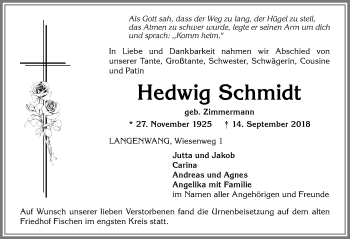 Traueranzeige von Hedwig Schmidt von Allgäuer Anzeigeblatt