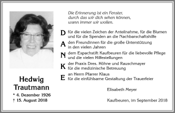 Traueranzeige von Hedwig Trautmann von Allgäuer Zeitung, Kaufbeuren/Buchloe