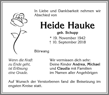 Traueranzeige von Heide Hauke von Allgäuer Zeitung,Kempten
