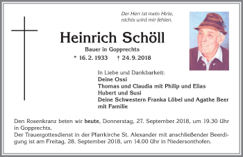 Traueranzeige von Heinrich Schöll von Allgäuer Anzeigeblatt