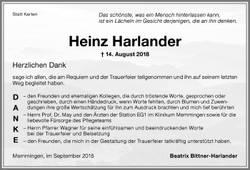 Traueranzeige von Heinz Harlander von Memminger Zeitung
