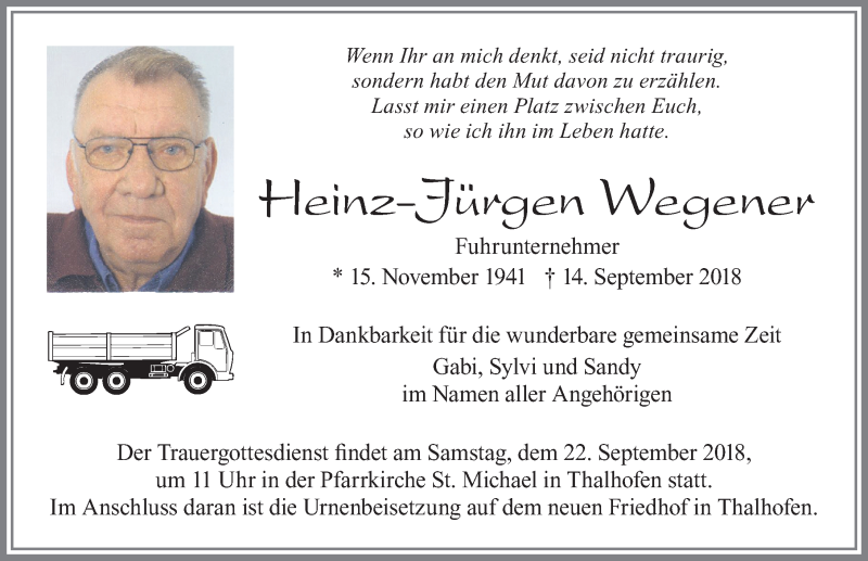  Traueranzeige für Heinz-Jürgen Wegener vom 20.09.2018 aus Allgäuer Zeitung, Marktoberdorf