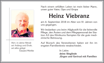 Traueranzeige von Heinz Viebranz von Allgäuer Zeitung,Kempten