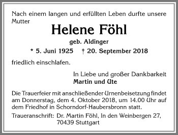 Traueranzeige von Helene Föhl von Allgäuer Anzeigeblatt