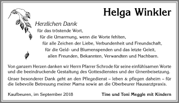 Traueranzeige von Helga Winkler von Allgäuer Zeitung, Kaufbeuren/Buchloe