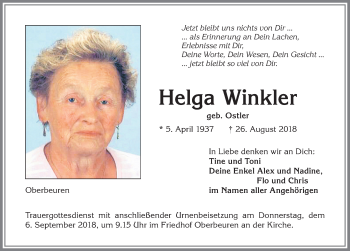 Traueranzeige von Helga Winkler von Allgäuer Zeitung, Kaufbeuren/Buchloe