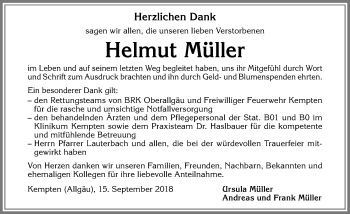 Traueranzeige von Helmut Müller von Allgäuer Zeitung,Kempten