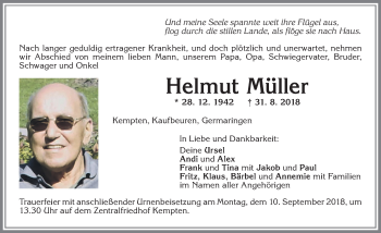 Traueranzeige von Helmut Müller von Allgäuer Zeitung,Kempten