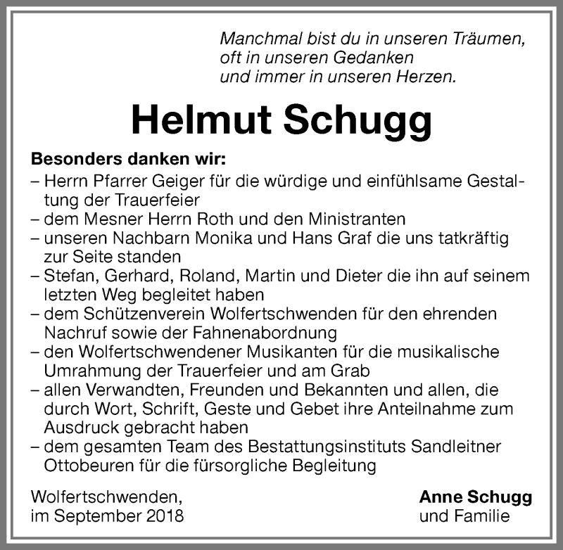  Traueranzeige für Helmut Schugg vom 22.09.2018 aus Memminger Zeitung