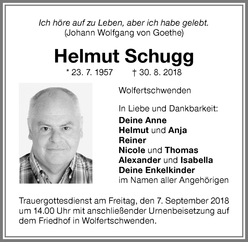  Traueranzeige für Helmut Schugg vom 06.09.2018 aus Allgäuer Zeitung