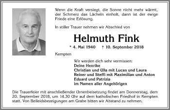 Traueranzeige von Helmuth Fink von Allgäuer Zeitung,Kempten