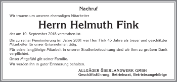 Traueranzeige von Helmuth Fink von Allgäuer Zeitung,Kempten