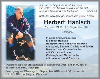 Traueranzeige von Herbert Hanisch von Allgäuer Zeitung, Kaufbeuren/Buchloe