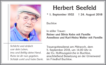 Traueranzeige von Herbert Seefeld von Allgäuer Zeitung, Kaufbeuren/Buchloe