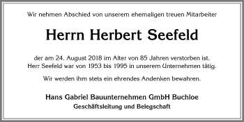 Traueranzeige von Herbert Seefeld von Allgäuer Zeitung, Kaufbeuren/Buchloe