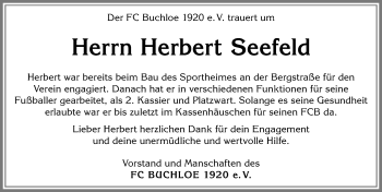 Traueranzeige von Herbert Seefeld von Allgäuer Zeitung, Kaufbeuren/Buchloe