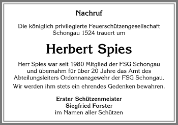 Traueranzeige von Herbert Spies von Allgäuer Zeitung, Marktoberdorf