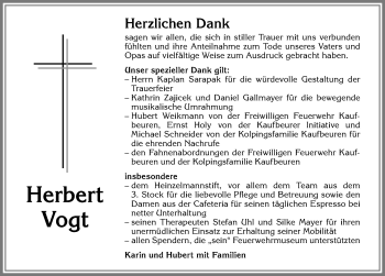 Traueranzeige von Herbert Vogt von Allgäuer Zeitung, Kaufbeuren/Buchloe