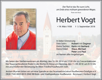 Traueranzeige von Herbert Vogt von Allgäuer Zeitung, Kaufbeuren/Buchloe