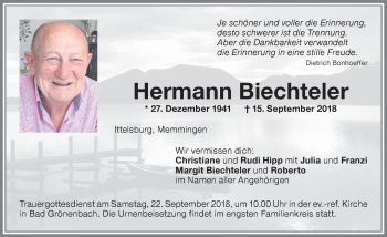 Traueranzeige von Hermann Biechteler von Memminger Zeitung