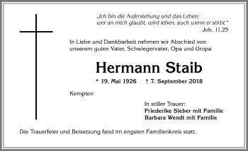 Traueranzeige von Hermann Staib von Allgäuer Zeitung,Kempten