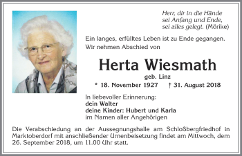 Traueranzeige von Herta Wiesmath von Allgäuer Zeitung, Marktoberdorf