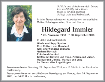 Traueranzeige von Hildegard Immler von Allgäuer Zeitung,Kempten