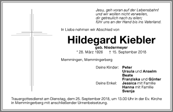 Traueranzeige von Hildegard Kiebler von Memminger Zeitung