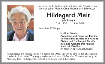 Traueranzeige von Hildegard Mair von Allgäuer Zeitung,Kempten