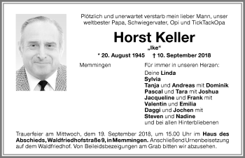 Traueranzeige von Horst Keller von Memminger Zeitung