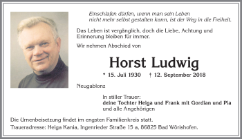Traueranzeige von Horst Ludwig von Allgäuer Zeitung, Kaufbeuren/Buchloe