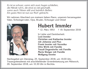 Traueranzeige von Hubert Immler von Allgäuer Zeitung,Kempten