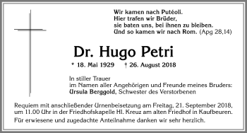 Traueranzeige von Hugo Petri von Allgäuer Zeitung, Kaufbeuren/Buchloe