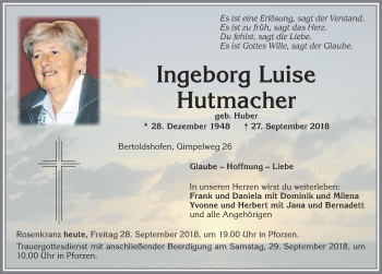 Traueranzeige von Ingeborg Luise Hutmacher von Allgäuer Zeitung, Kaufbeuren/Buchloe