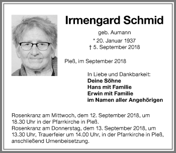 Traueranzeige von Irmengard Schmid von Memminger Zeitung