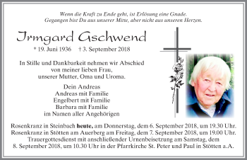 Traueranzeige von Irmgard Gschwend von Allgäuer Zeitung, Marktoberdorf