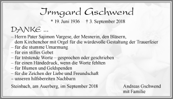 Traueranzeige von Irmgard Gschwend von Allgäuer Zeitung, Marktoberdorf