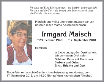 Traueranzeige von Irmgard Maisch von Allgäuer Zeitung,Kempten
