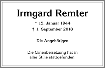 Traueranzeige von Irmgard Remter von Allgäuer Zeitung, Kaufbeuren/Buchloe