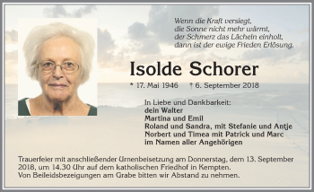 Traueranzeige von Isolde Schorer von Allgäuer Zeitung,Kempten