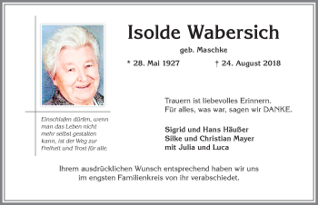 Traueranzeige von Isolde Wabersich von Allgäuer Zeitung, Kaufbeuren/Buchloe