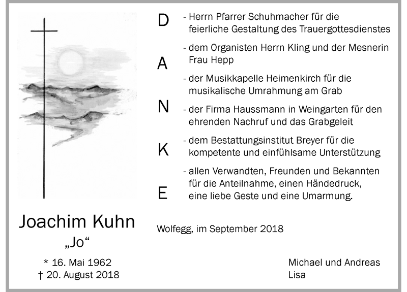  Traueranzeige für Joachim Kuhn vom 05.09.2018 aus Der Westallgäuer