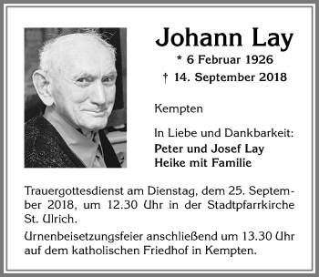 Traueranzeige von Johann Lay von Allgäuer Zeitung,Kempten