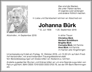 Traueranzeige von Johanna Bürk von Memminger Zeitung